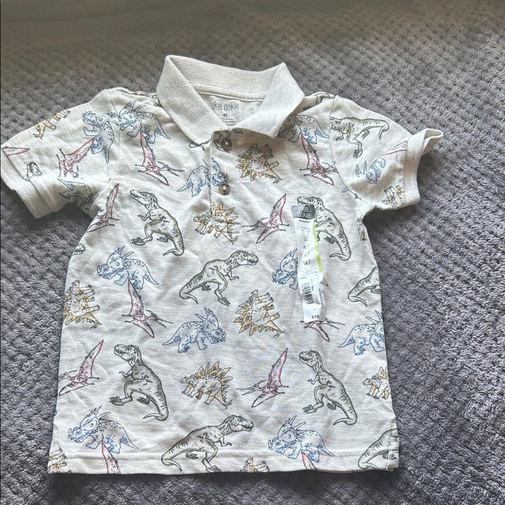 Okie Dokie Dinosaur Print Kids Polo Shirt - Cream